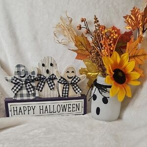 Happy Halloween Sign & Fall Floral Ghost Mason Jar Set
